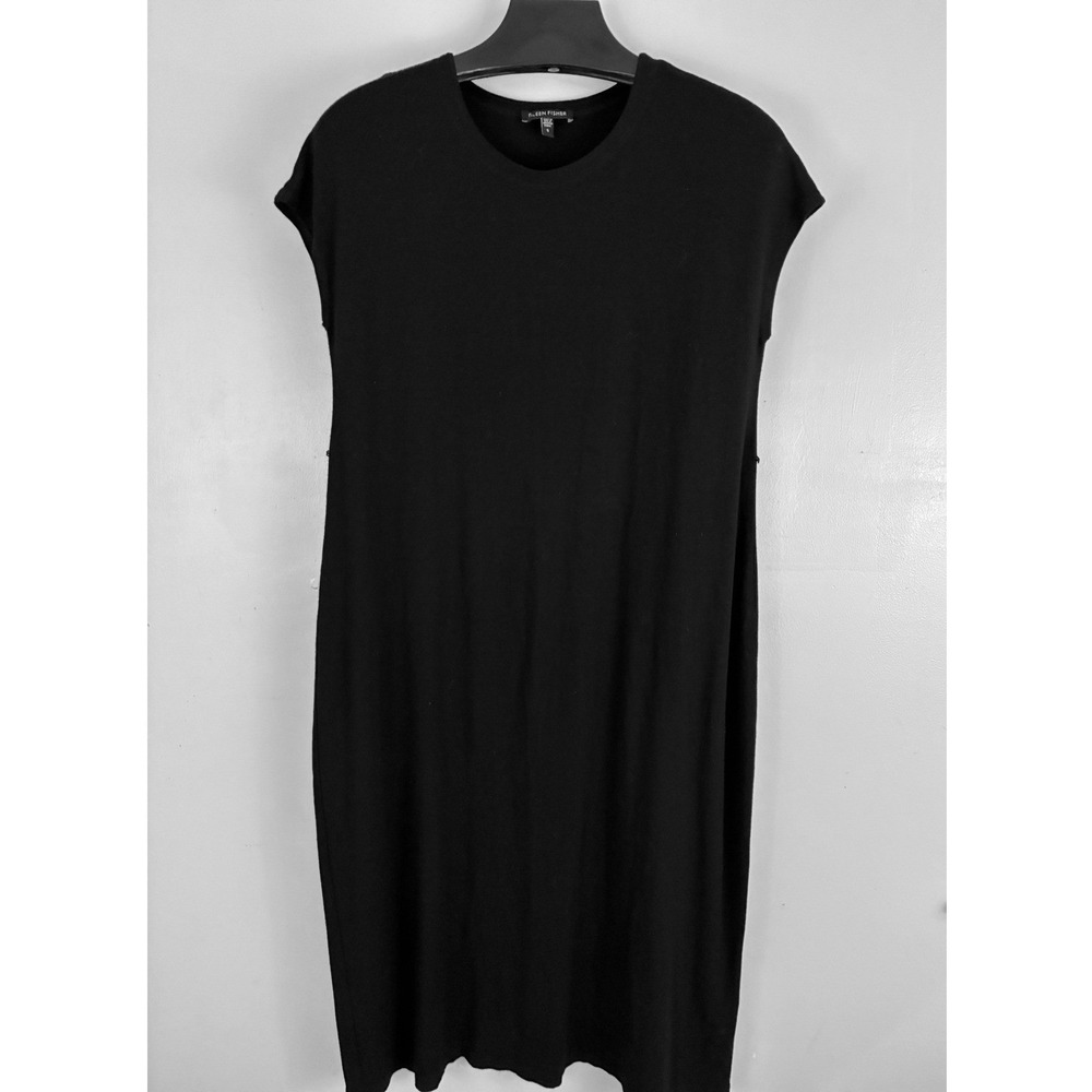 Eileen Fisher Shift Dress Womens Small Black Cap Sleeve Jersey Knit Minimalist